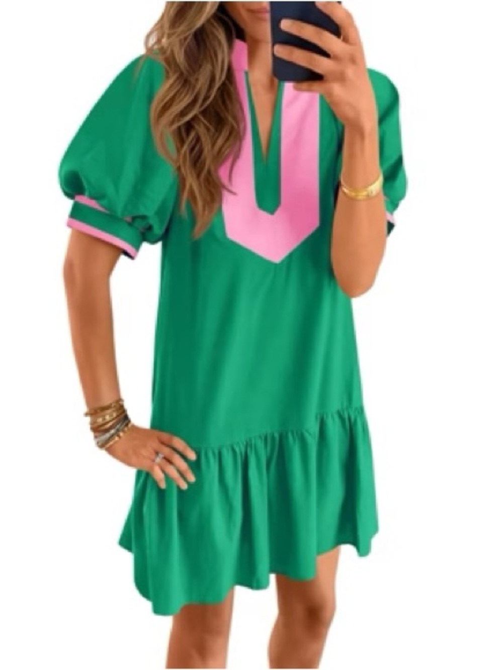 Green V-Neck Ruffle Hem Mini Dress with Pink Trim